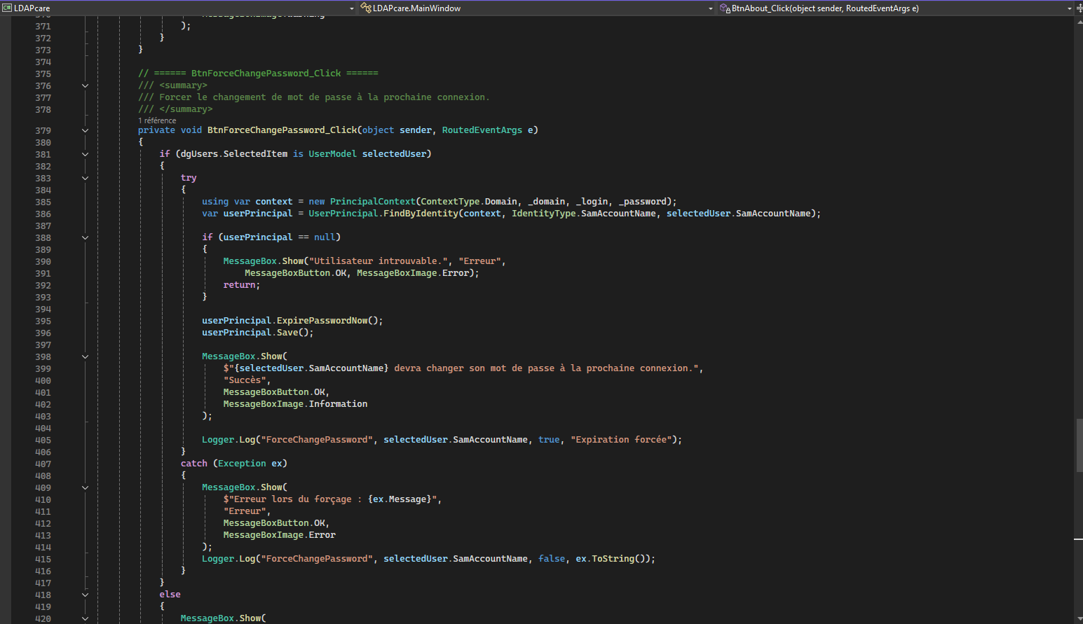 Extrait du code source C#/.NET avec gestion sécurisée Active Directory